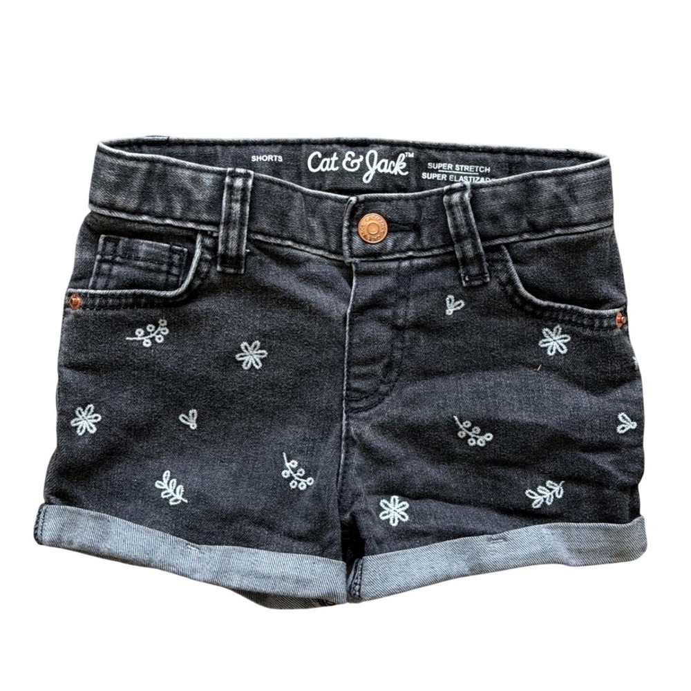 Cat & Jack Denim Shorts Girls 3T Blue Black Lace Floral Embroidery 2 Pack - Picture 6 of 7